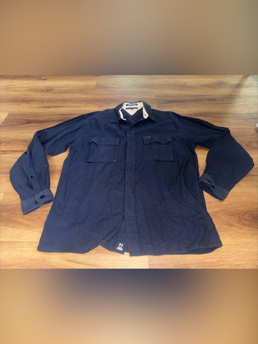 Vintage 90s Tommy Hilfiger Logo Front Blue Canvas, Shirt Men Size XL